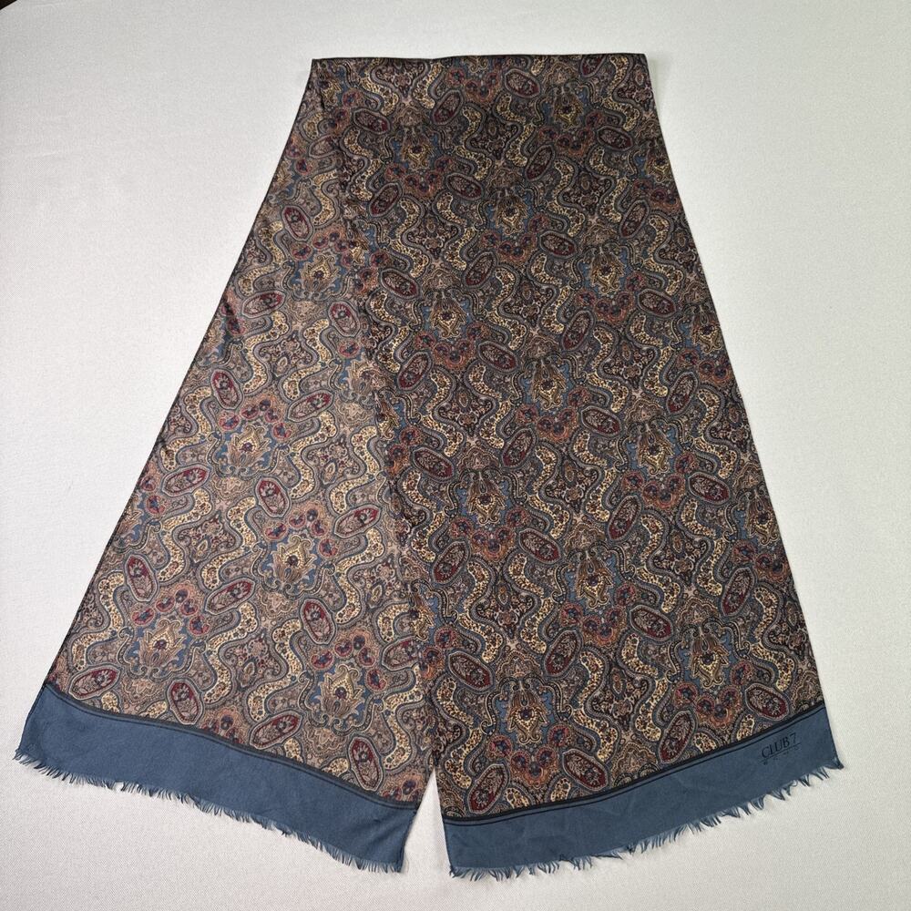 Vintage '80s Club 7 Echo Blue & Burgundy Paisley Silk Fringe Scarf 11"x 52”